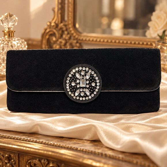 Victoria's Secret Handbags - Victoria's Secret Black Velvet Clutch Rhinestone Buckle Rectangle 11x4x2"